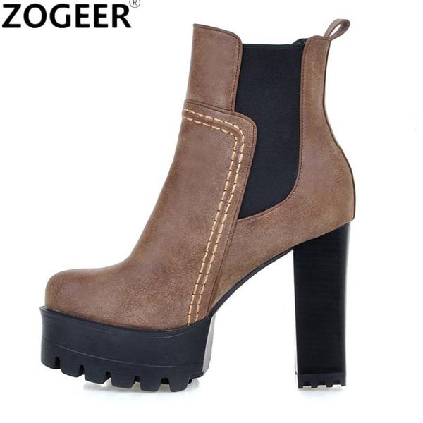 

boots fashion ankle for women round toe platform high heels female punk pu leather grey brown vintage style shoes woman, Black