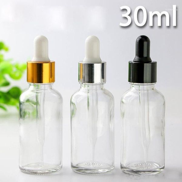 Wholesale 30ml Garrafa de vidro de óleo essencial 1oz conta-gotas claras com ouro preto prata tampas para eliquid e jugo1