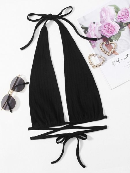 

plunging neck crisscross tied backless halter w88c#, White