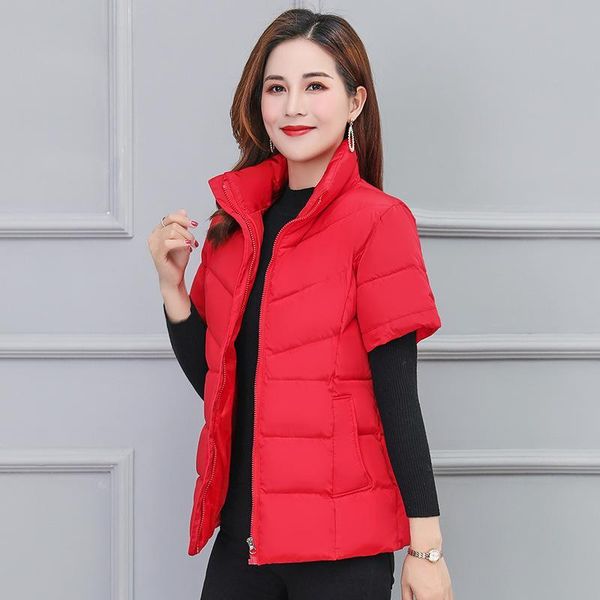 

women's vests cotton stand collar half sleeve vest winter casual lightweight solid color loose large size zipper short coat, Black;white