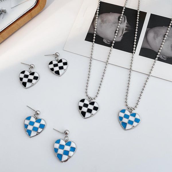 

earrings & necklace 1set ins trendy plaid black white blue grid heart drip glaze jewelry set for women party gifts, Silver