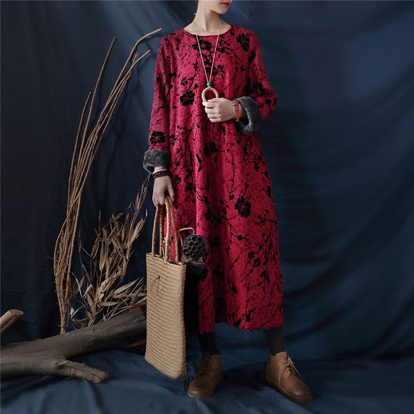 

johnature women jacquard vintage dresses chinese style fleece robes winter 3 color women cloths warm cotton dresses 210521, Black;gray