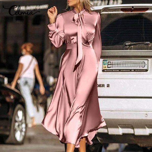 

casual dresses celmia 2021 elegant sheath maxi sundress strappy bow tie wrap kleid vestidos women long sleeve satin silk lady dress, Black;gray
