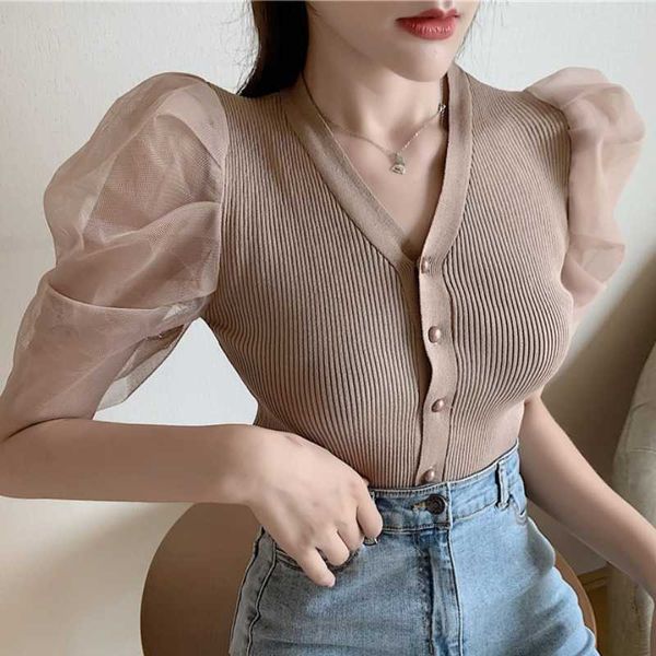 

chic harajuku knitted t shirt women summer short puff sleeve tshirt white black t shirt femme camiseta mujer y0621