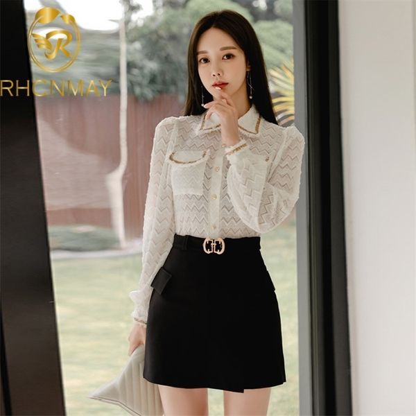 

autumn elegant women 2 piece set see through single breasted shirt + high waist frenulum mini slim skirt suit 210520, White