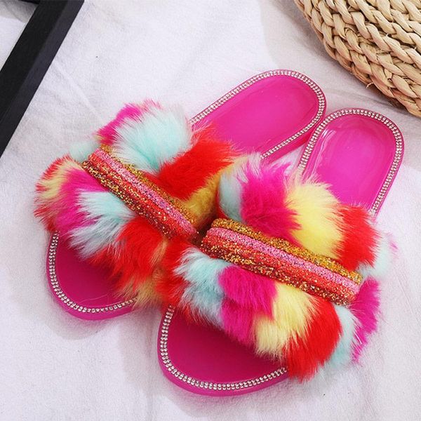 

slippers 2021 women faux fur summer crystal rhinestone flat fluffy house women's slides fashion casual open toe ladies shoes, Black