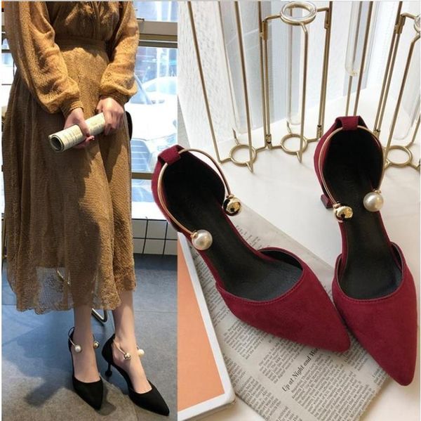 

korean fashion point shallow mouth with pearl high heels hollow comfortable heels. dress shoes, Black