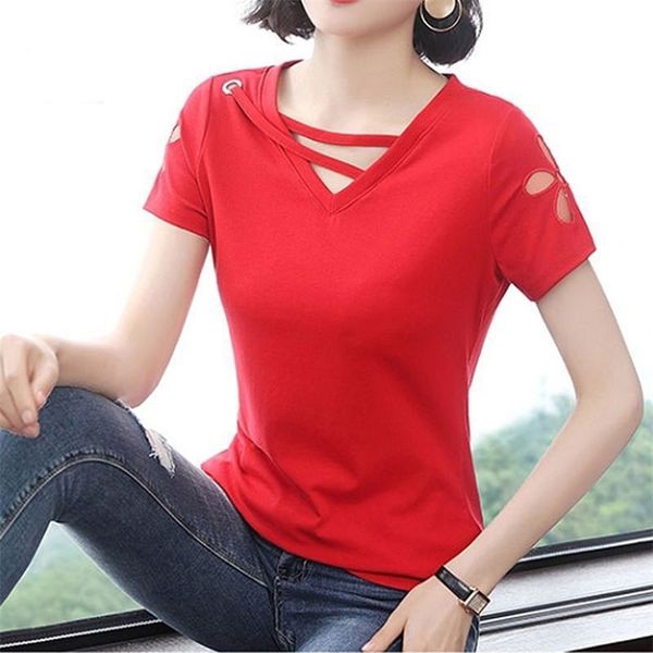 

summer women t-shirts plus size mesh hollow out embroidery short sleeve tee shirt femme v-neck casual d40 210512, White