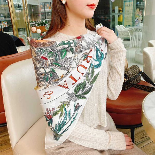 

silk twill square women's 90cm shawl plant animal double sided printing silk scarf, Blue;gray
