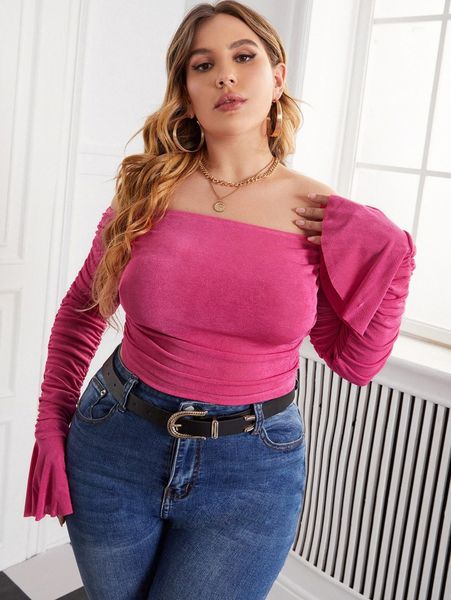 

plus off shoulder ruched flounce sleeve 66k5#, Black