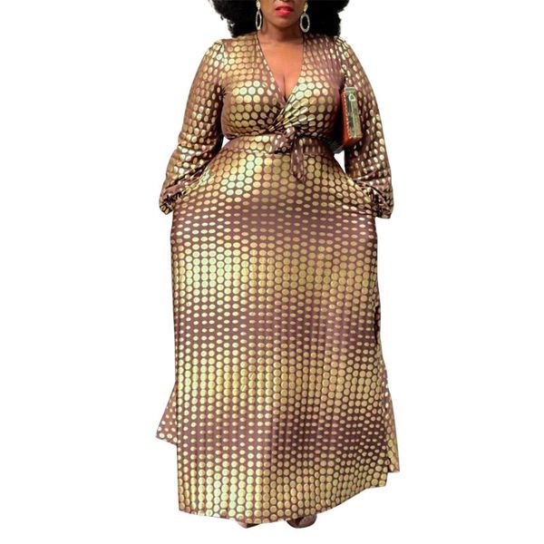 

plus size dresses a-line v-neck maxi women's clothing high street wear stylish outfit full sleeve dot skirt 4xl 5xl, Black