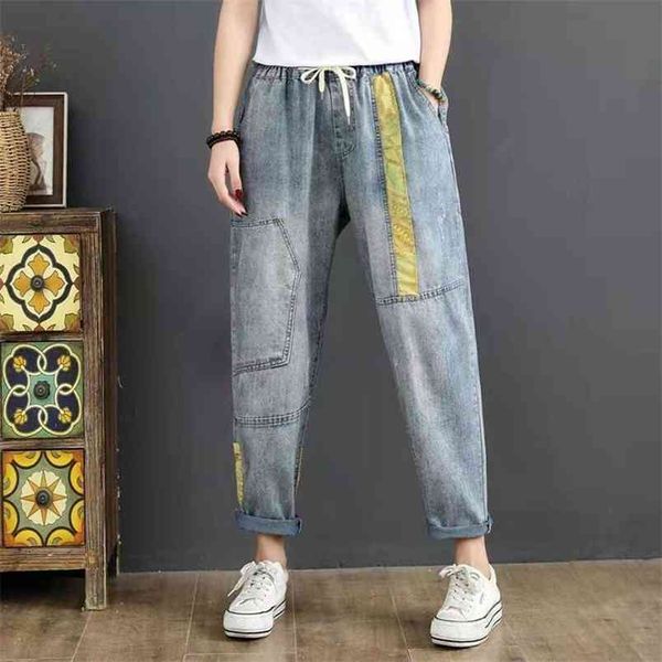 

arrival spring women loose elastic waist harem pants all-matched casual cotton denim patchwork jeans w42 210512, Blue