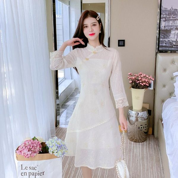 

casual dresses retro temperament autumn women cheongsam young golden chic lace buckle chiffon embroidery chinese style girl dress female, Black;gray