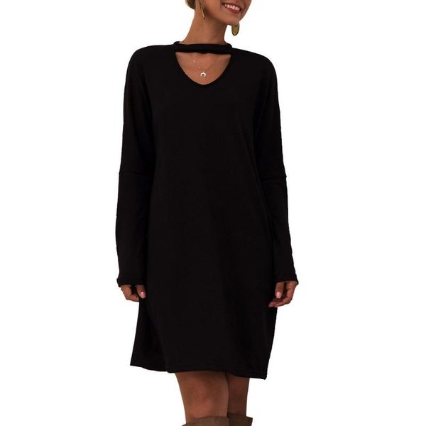 

casual dresses women halter knitted dress long sleeve v-neck loose autumn tc21, Black;gray