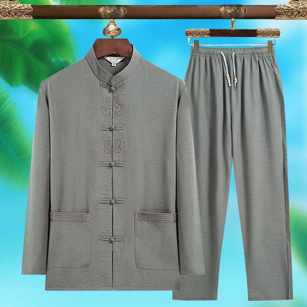 

men's tracksuits spring and summer imitation cotton tang suit long sleeve large size residence han, Gray