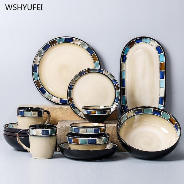 

dishes & plates 1pcs vintage old geometric plaid ceramic plate western steak salad dessert cake sushi home kitchen storage decorative