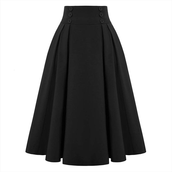 

spring winter vintage casual womens skirts a line with pockets elastic high waist long pleated female, Black