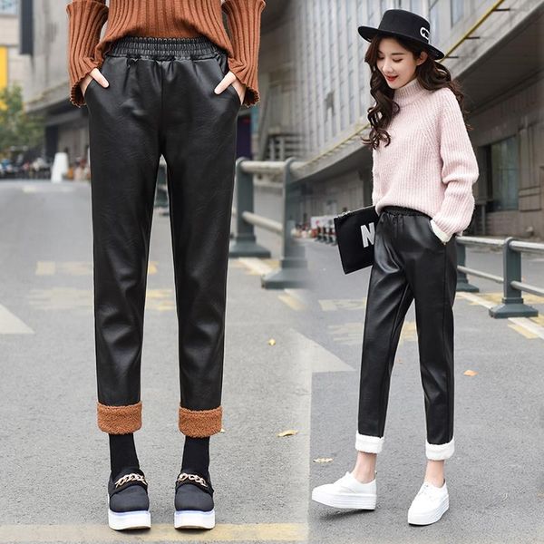 

women's pants & capris women velvet pu leather 2021 autumn winter fashion female casual elastic waist faux lambs wool harem pant trouse, Black;white