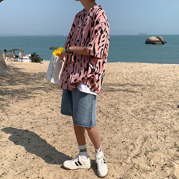 

2021 summer new casual half sleeve t shirt men youthful vitality o neck gepmetric print fashion chic streetwear men women, White;black