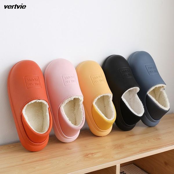 

vertvie waterproof winter shoes men indoor slippers warm plush lovers home slipper thick sole female kitchen working, Black