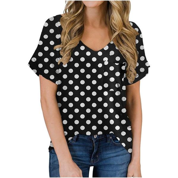 

women polka dot printing t-shirt 2021 summer casual loose v neck short sleeve t shirt fashion ladies tshirts koszula damska women's, White