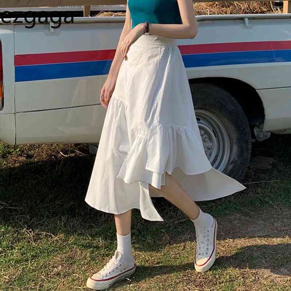 

ezgaga irregular high waist skirts women solid spring fashion all-match korean chic tender elegant female skirts casual 210430, Black