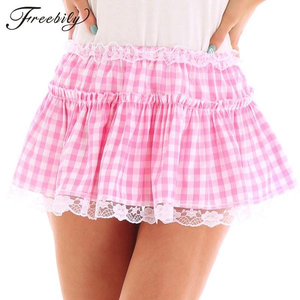 

elastic waistband women short skirt with lace hem pleated gingham a-line micro mini skirts men sissy, Black