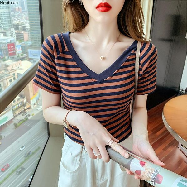 

women's t-shirt houthion stripe cotton fashion tees casual t shirt short sleeve slim v-neck tee tshirt summer, White