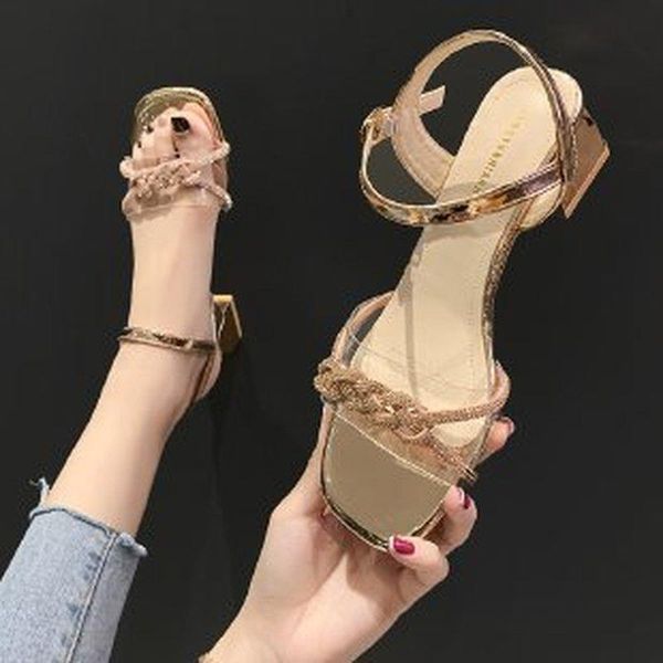 

sandals women summer fashion women's 2021 medium heeled buckle strap ladies shoes rhinestone sandalias, Black