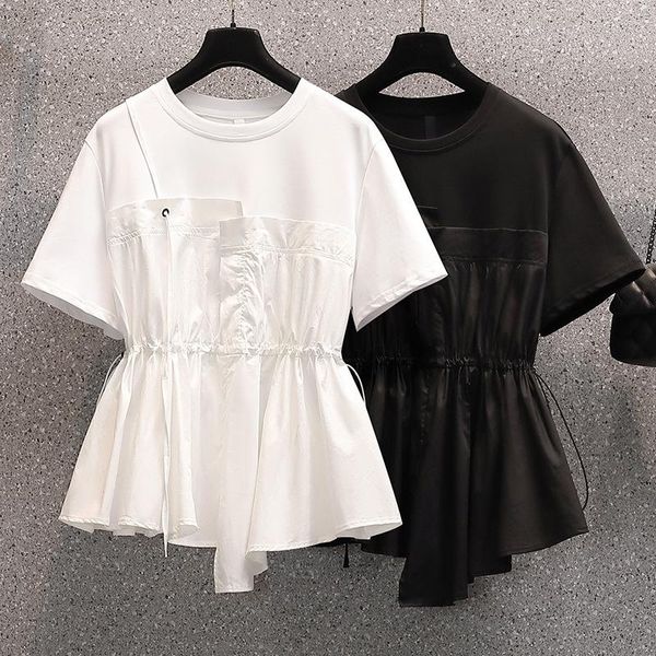 

women's t-shirt 2021 summer women lace up waist t shirts femme loose white woman black shirt for