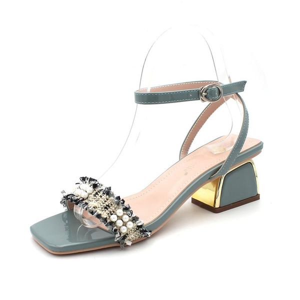 

arrival 5cm sandals women's pu lace pearls fashion square heels summer qc001, Black