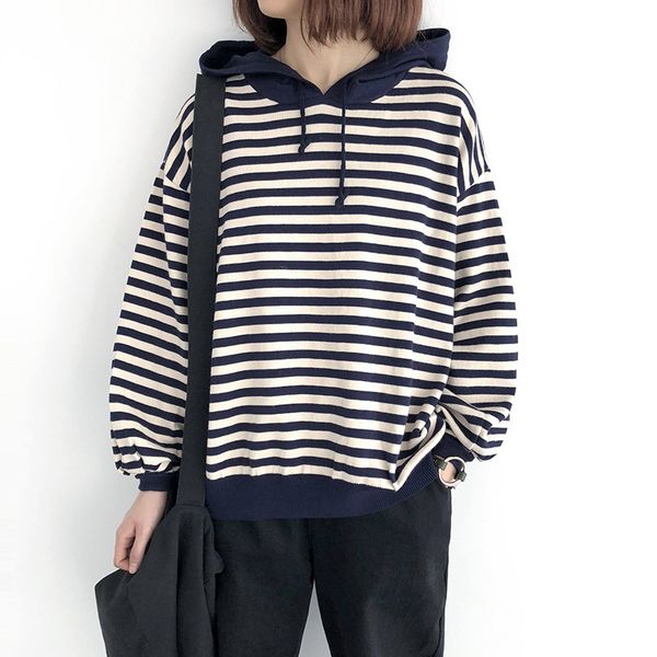 

johnature women pullover hooded sweaters striped autumn knitted cotton warm women clothes korean style sweaters 210521, White;black