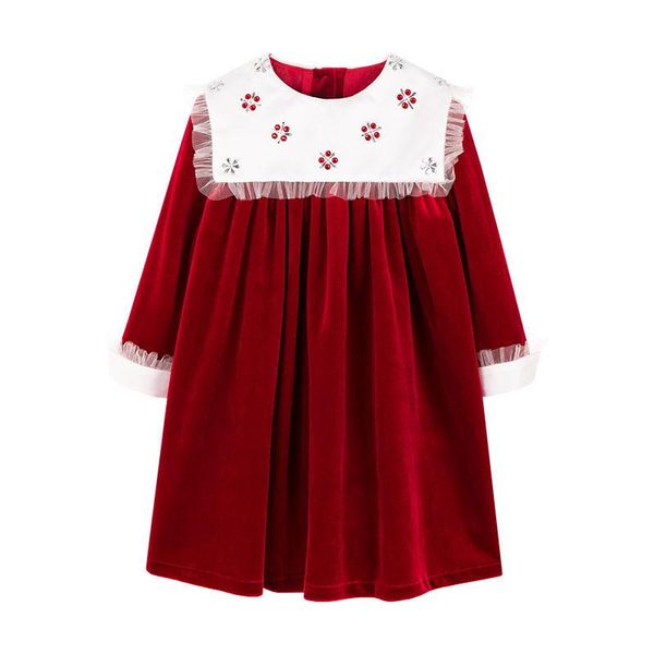 

girl's dresses cekcya kids corduroy vintage dress girls christmas holiday long sleeve sailor collar with diamond cotton liner clothes, Red;yellow