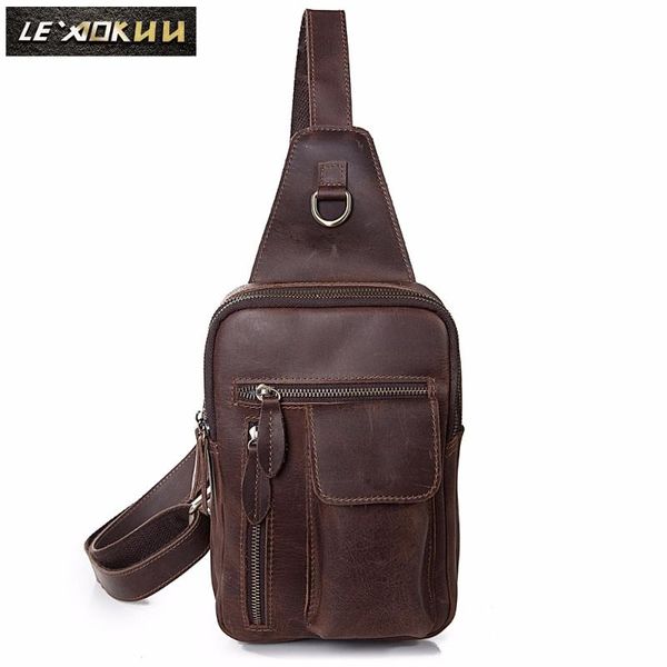

waist bags quality men crazy horse leather fashion sling chest bag design travel triangle cross body daypack 8" tablet male 9809