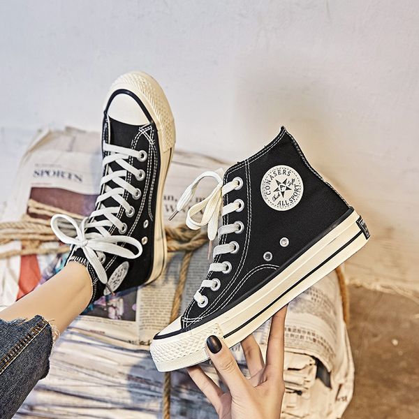 

dress shoes fashion women canvas trend platform comfortable breathable thick bottom vulcanized lace-up avqt, Black