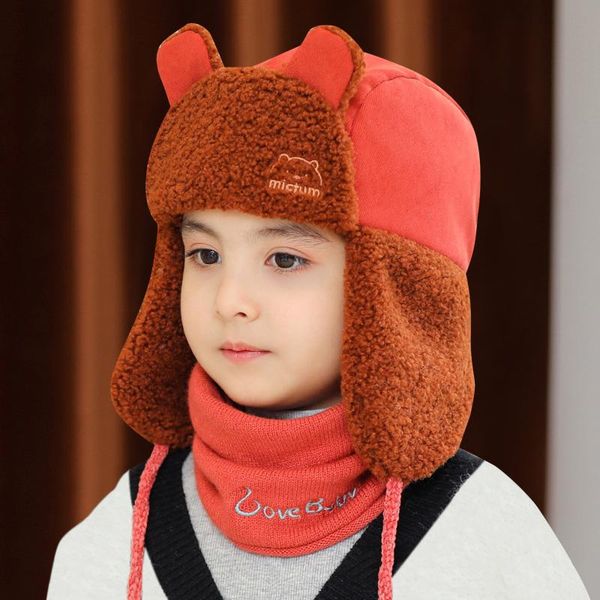 

winter baby windproof hat scarf suit for girls boys warm children outdoor thick earmuff children's lei feng cap caps & hats, Yellow