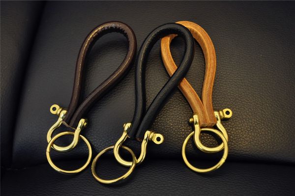 

key rings handmade pure brass head layer cowhide rope chain metal hook horseshoe, Slivery;golden
