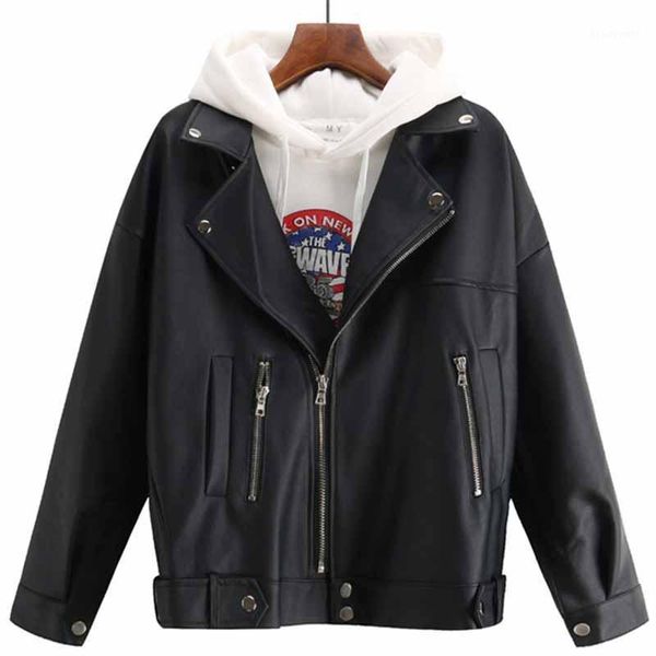 

soft loose faux leather jacket women black biker motorcycle coat autumn winter pu short streetwear padded cotton outwear kw387 women's