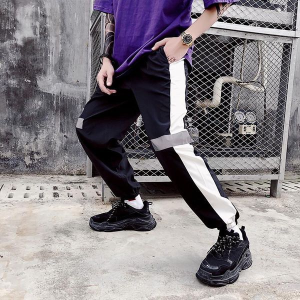 

women's pants & capris female hip hop high waist harem women men slim reflect light sweetwear trouser, Black;white