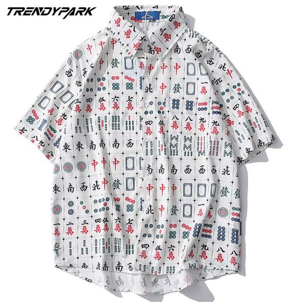 Mode Herren Kurzarmhemden Lustige Chinses Mahjong Print Streetwear Einreiher Harujuku Hemden für Männer Tops 210601