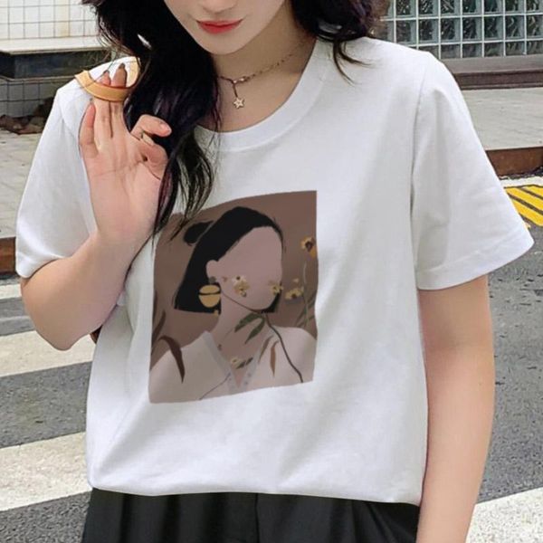 

casual summer women kawaii t shirts streetwear cute tees funny print short sleeve o-neck aesthetic graphic women's t-shirt, White