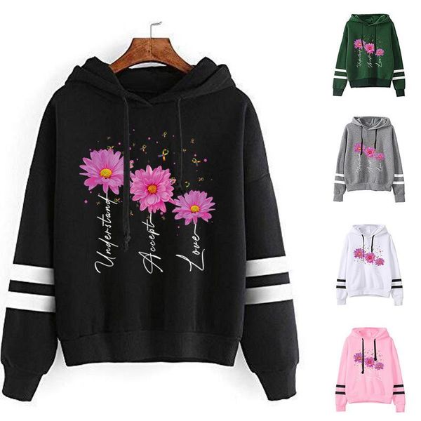 

women's hoodies & sweatshirts women hoodie accept love flower printed double striped long sleeve fleece sweatshirt with hat girls pullo, Black