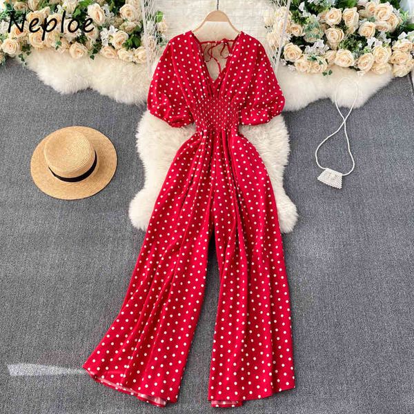 Neploe Scollo a V Puff Manica corta Tute Donna Vita alta Hip Gamba larga Body Femme Vinatge Dot Summer Holiday Robe 210423