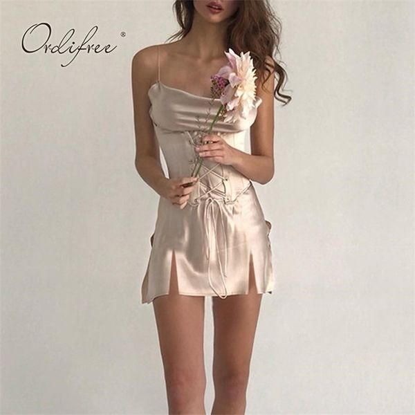 

summer women satin dress spaghetti strap lace up club wear silk mini 210513, Black;gray