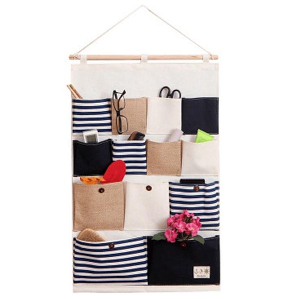 

hanging baskets wall door storage bags closet organizer pockets cotton line striped 13