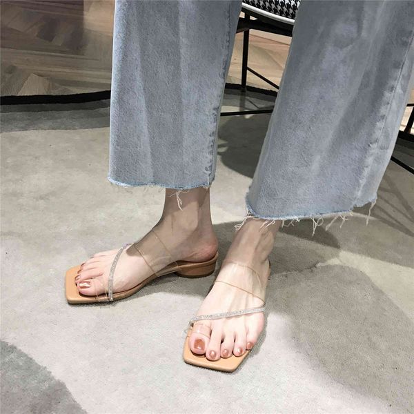 

70% off wholesale sandals flip-flops sandals female outer wear fashion summer new style half slippers thick heel soft bottom rhinestone tran, Black