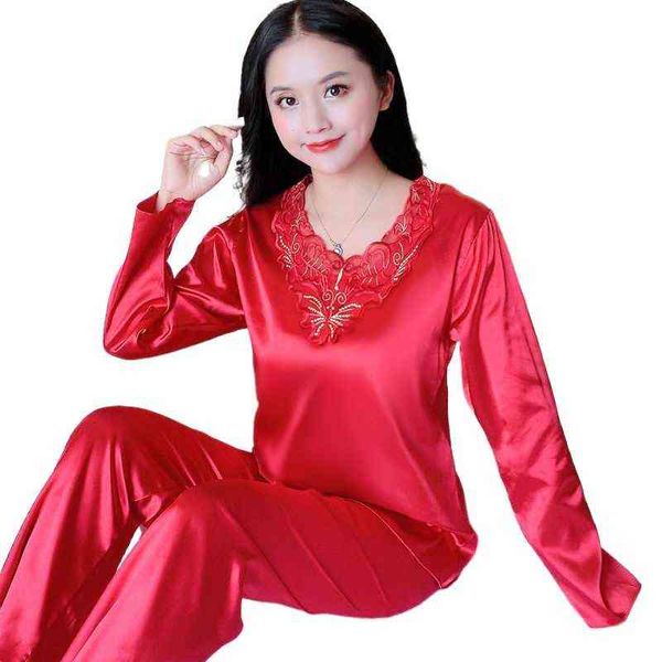 

1311-12women pajamas turndown collar pocket long sleeve casual pants 2 piece set sleepwear female home suit sets nightwear 211109, Black;red