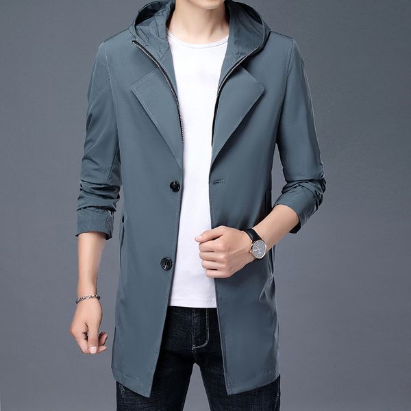 

windbreaker men's medium long hooded slim fit coat 2021 spring and autumn winter trend busins casual, Black