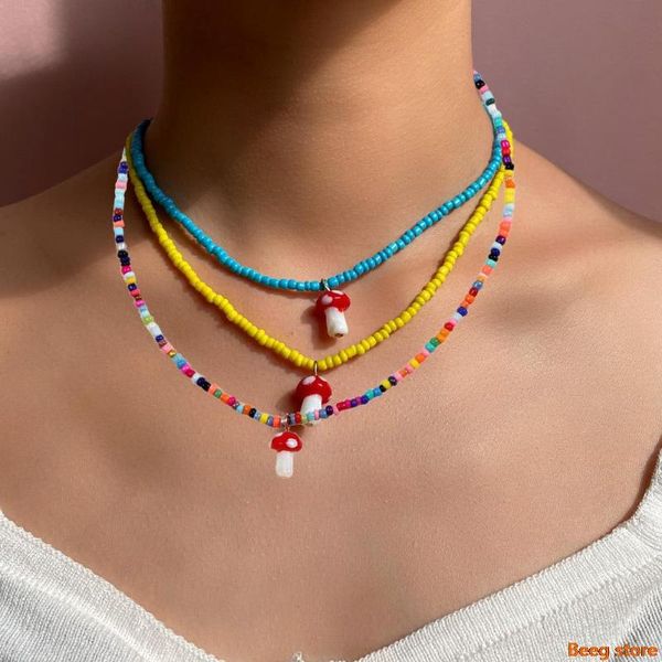 

chokers bohemian colorful beads mushroom choker necklace for women girls boho fashion cute pendants collares collier neck chain, Golden;silver