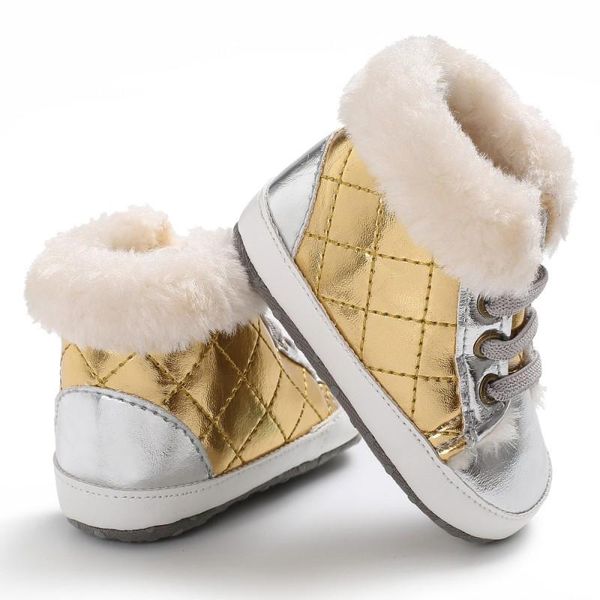 Primi camminatori Autunno Inverno Neonato Neonati maschi Ragazze Stivali alti in pelle PU Patchwork casual Scarpe calde in velluto scozzese con diamanti antiscivolo